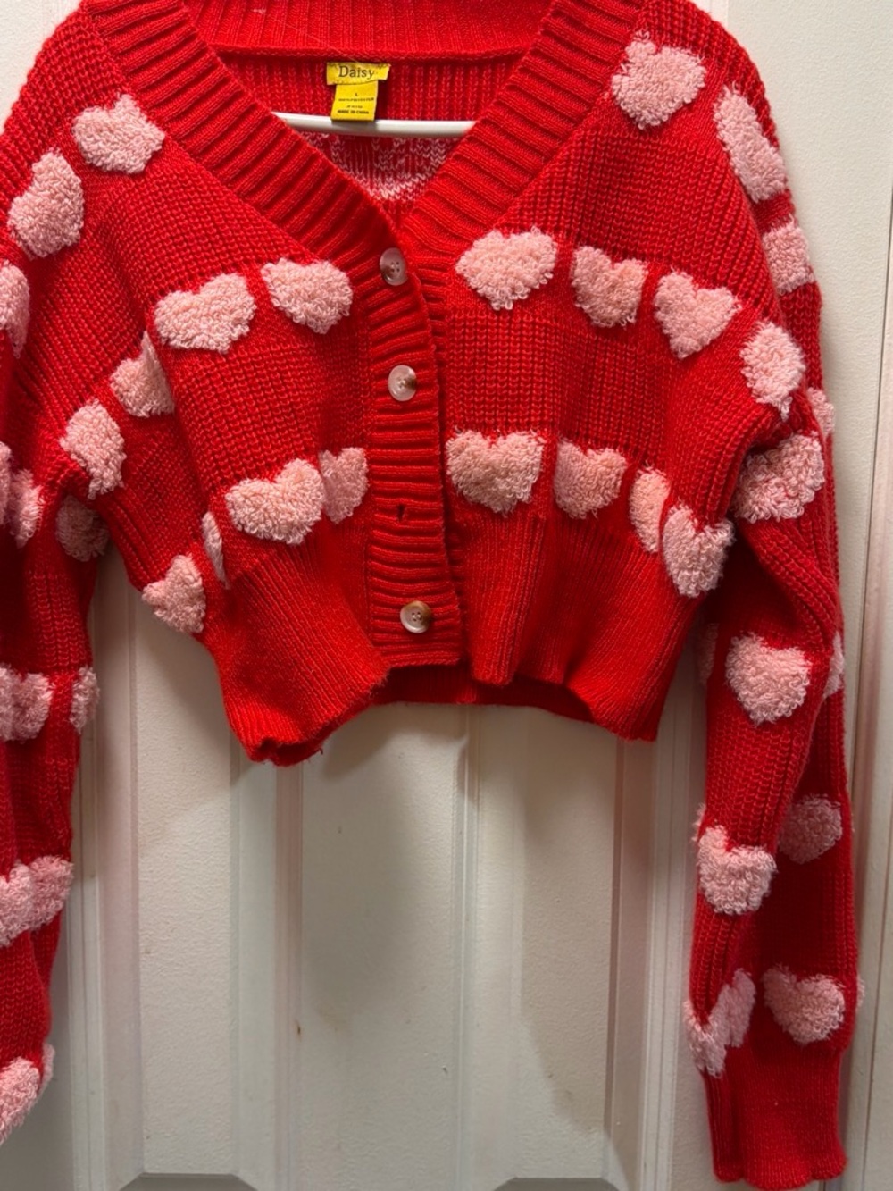 Daisy Red Cropped Cardigan with Pink Heart Appliqués